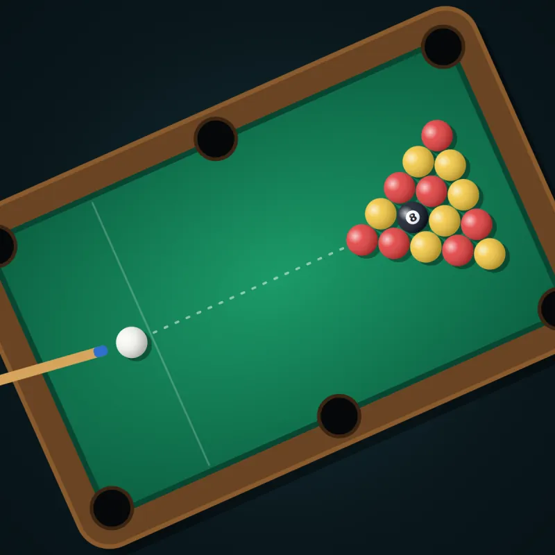Billard Extrême en ligne : tapis vert vu du dessus, billes rouges, jaunes et noire