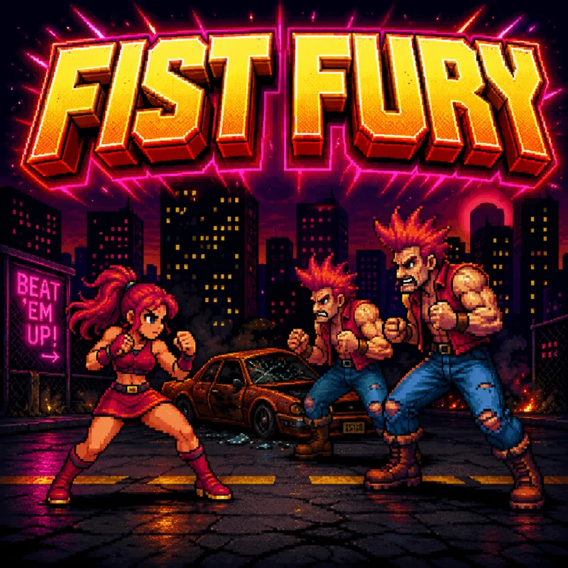 FistFury en ligne : Brawler Girl face à deux punks devant une voiture, fond skyline urbaine de nuit