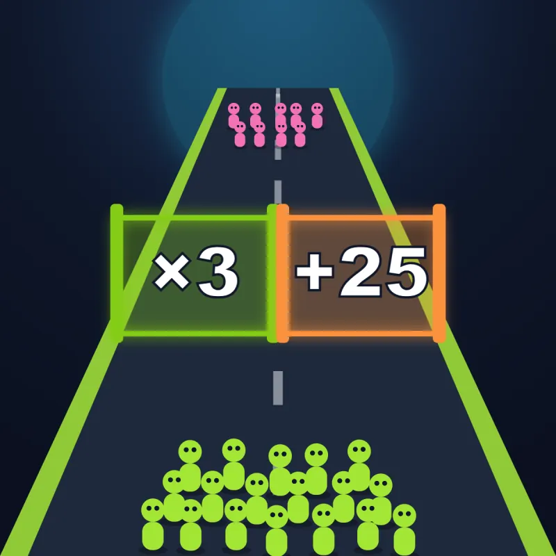 Math Runner : une foule de coureurs devant deux portails, ×3 et +25