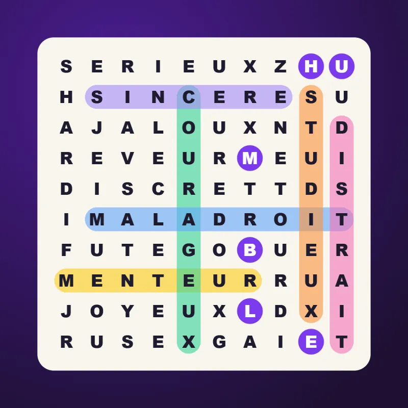 Mots mêlés en ligne : une grille de lettres où les mots trouvés sont surlignés en couleur