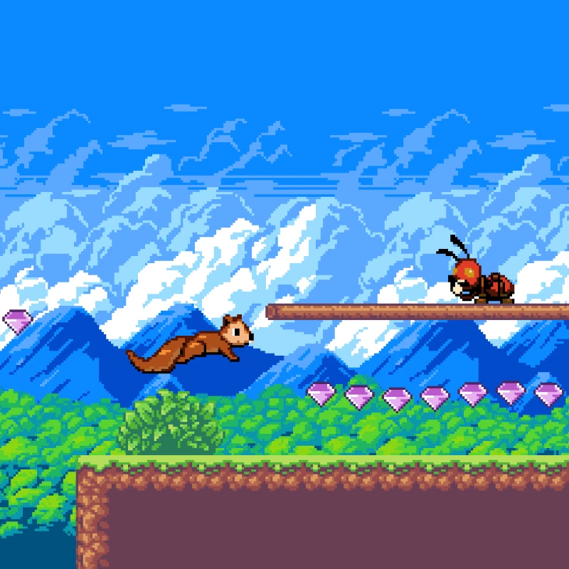 Sautebois : un écureuil saute au-dessus d'un ravin dans une forêt en pixel art