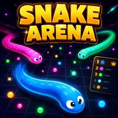 Snake Arena en ligne : serpents lumineux bleu, rose et vert dans une arène sombre, avec le classement des joueurs