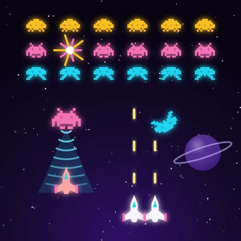 Space Attack en ligne : vaisseau et escadrille ennemie en formation sur fond spatial